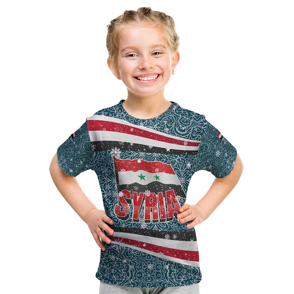 Syria Christmas Kid T Shirt with National Flag Motif, Coat of Arms Eagle, and Festive Snowflake Pattern - Wonder Print Shop