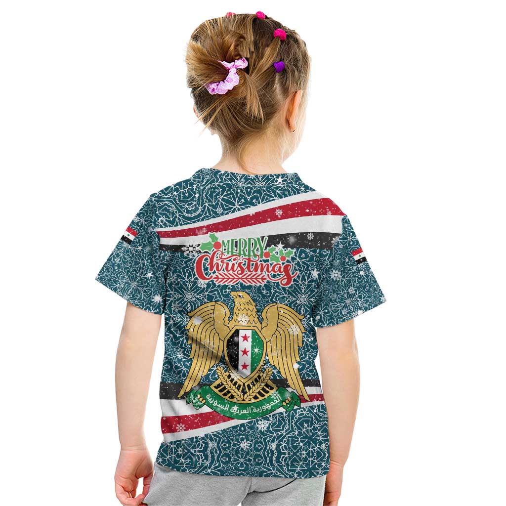 Syria Christmas Kid T Shirt with National Flag Motif, Coat of Arms Eagle, and Festive Snowflake Pattern - Wonder Print Shop