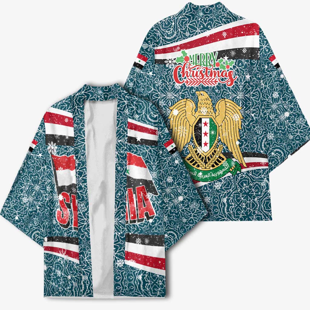 Syria Christmas Kimono with National Flag Motif, Coat of Arms Eagle, and Festive Snowflake Pattern - Wonder Print Shop