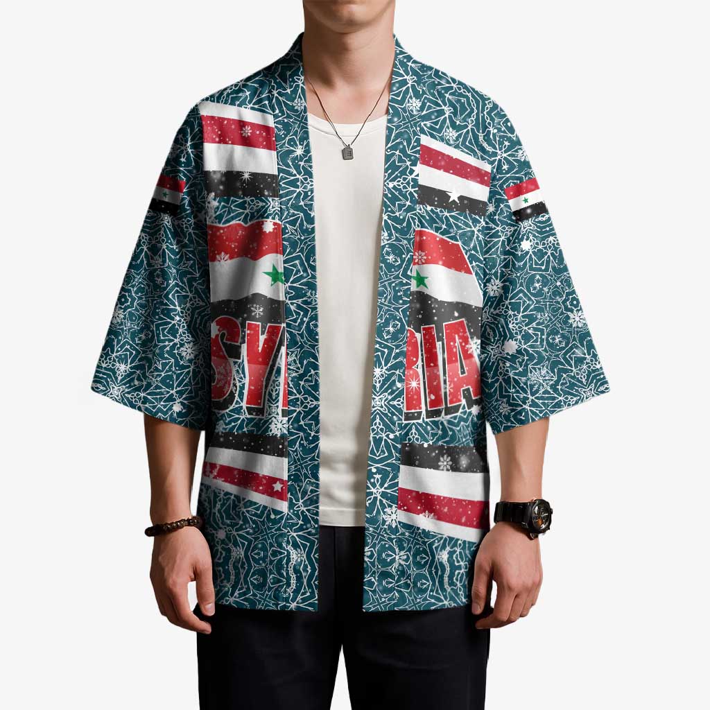 Syria Christmas Kimono with National Flag Motif, Coat of Arms Eagle, and Festive Snowflake Pattern - Wonder Print Shop
