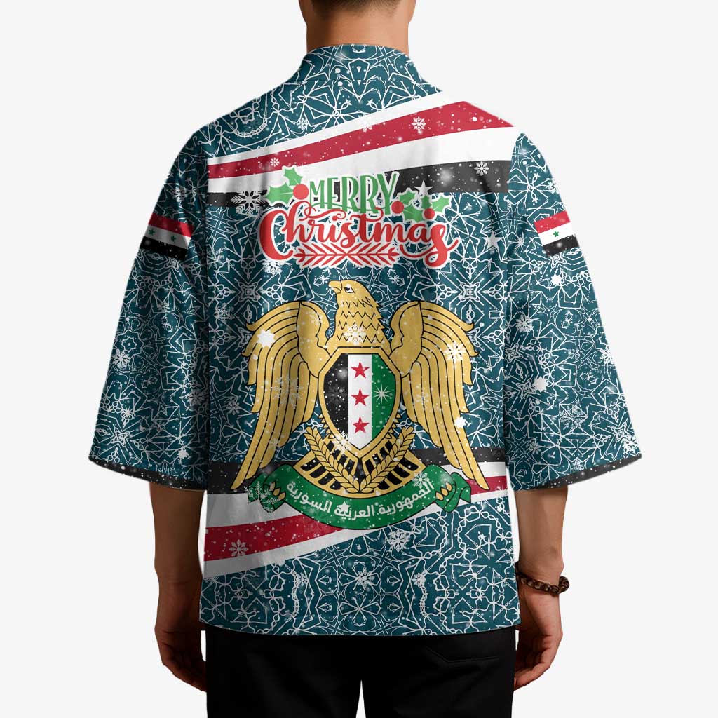Syria Christmas Kimono with National Flag Motif, Coat of Arms Eagle, and Festive Snowflake Pattern - Wonder Print Shop
