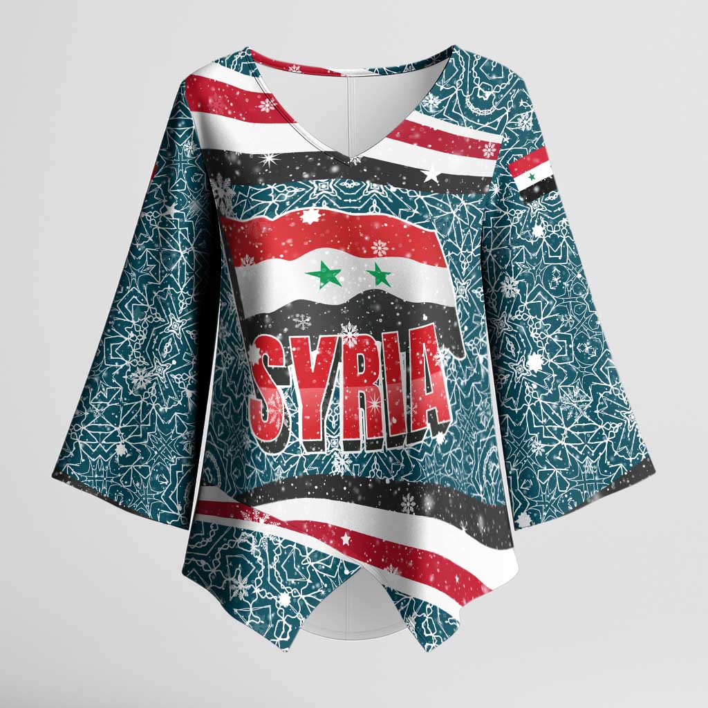 Syria Christmas Kimono Sleeve Blouse with National Flag Motif, Coat of Arms Eagle, and Festive Snowflake Pattern - Wonder Print Shop