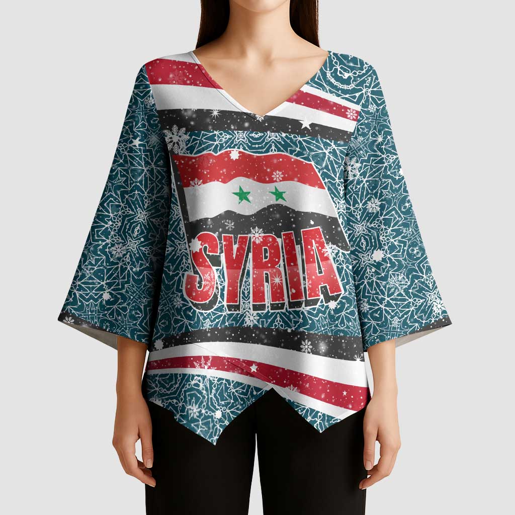 Syria Christmas Kimono Sleeve Blouse with National Flag Motif, Coat of Arms Eagle, and Festive Snowflake Pattern - Wonder Print Shop