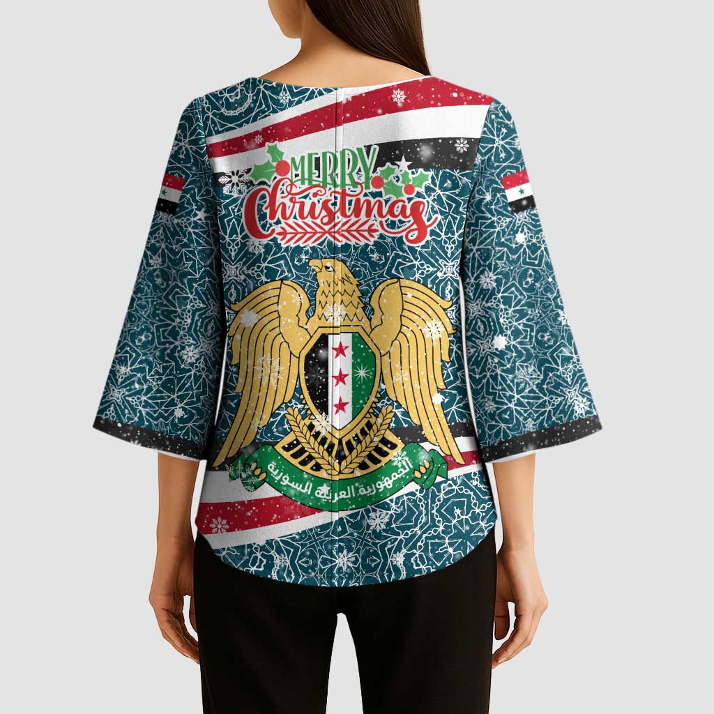 Syria Christmas Kimono Sleeve Blouse with National Flag Motif, Coat of Arms Eagle, and Festive Snowflake Pattern - Wonder Print Shop