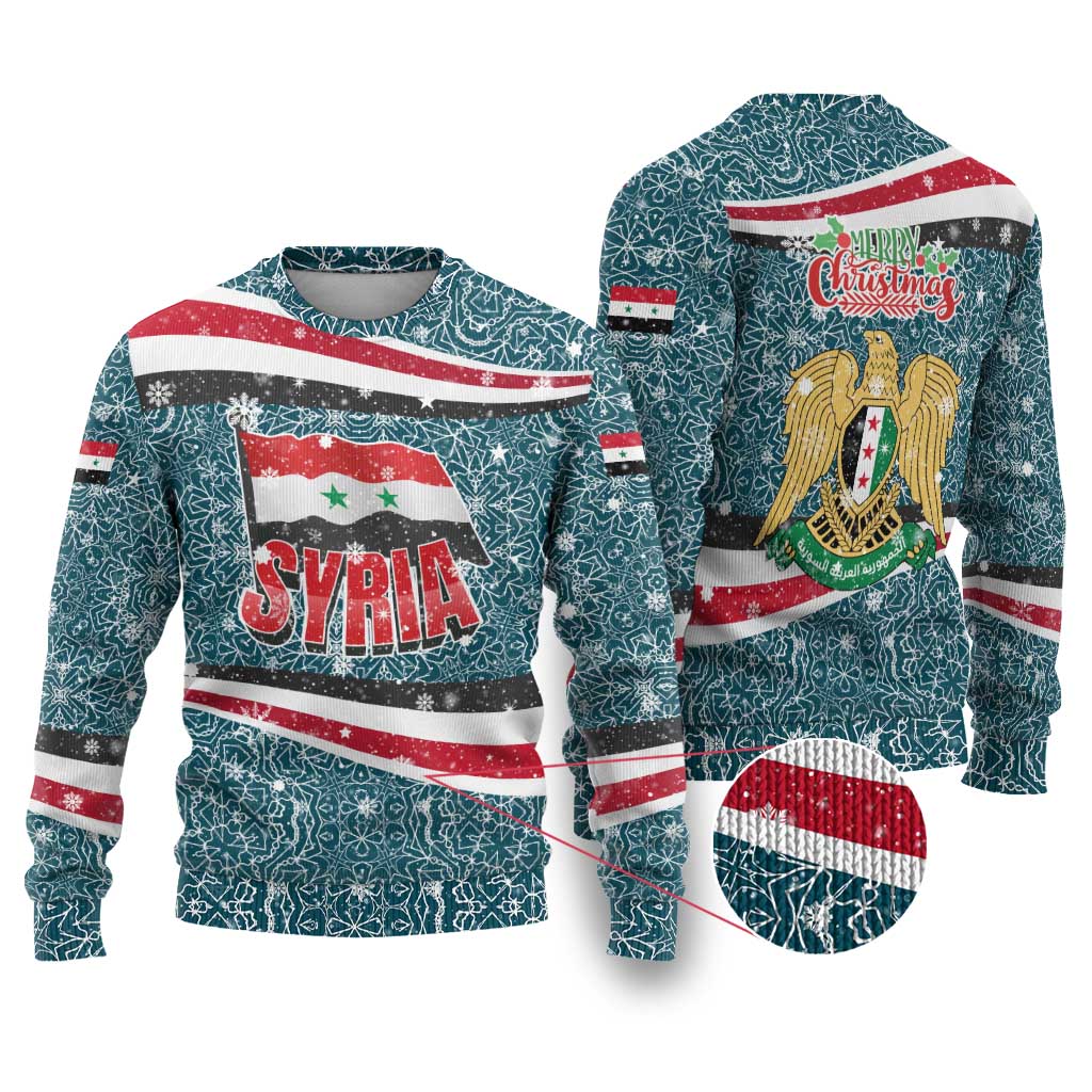 Syria Christmas Ugly Christmas Sweater with National Flag Motif, Coat of Arms Eagle, and Festive Snowflake Pattern - Wonder Print Shop