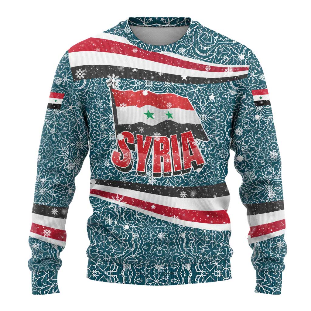 Syria Christmas Ugly Christmas Sweater with National Flag Motif, Coat of Arms Eagle, and Festive Snowflake Pattern - Wonder Print Shop