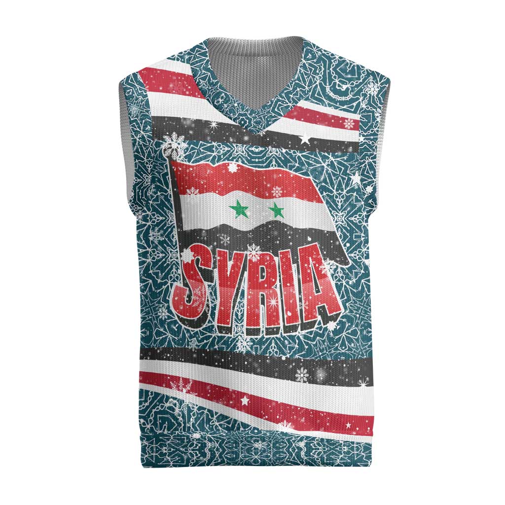 Syria Christmas Knitted V-Neck Vest with National Flag Motif, Coat of Arms Eagle, and Festive Snowflake Pattern - Wonder Print Shop