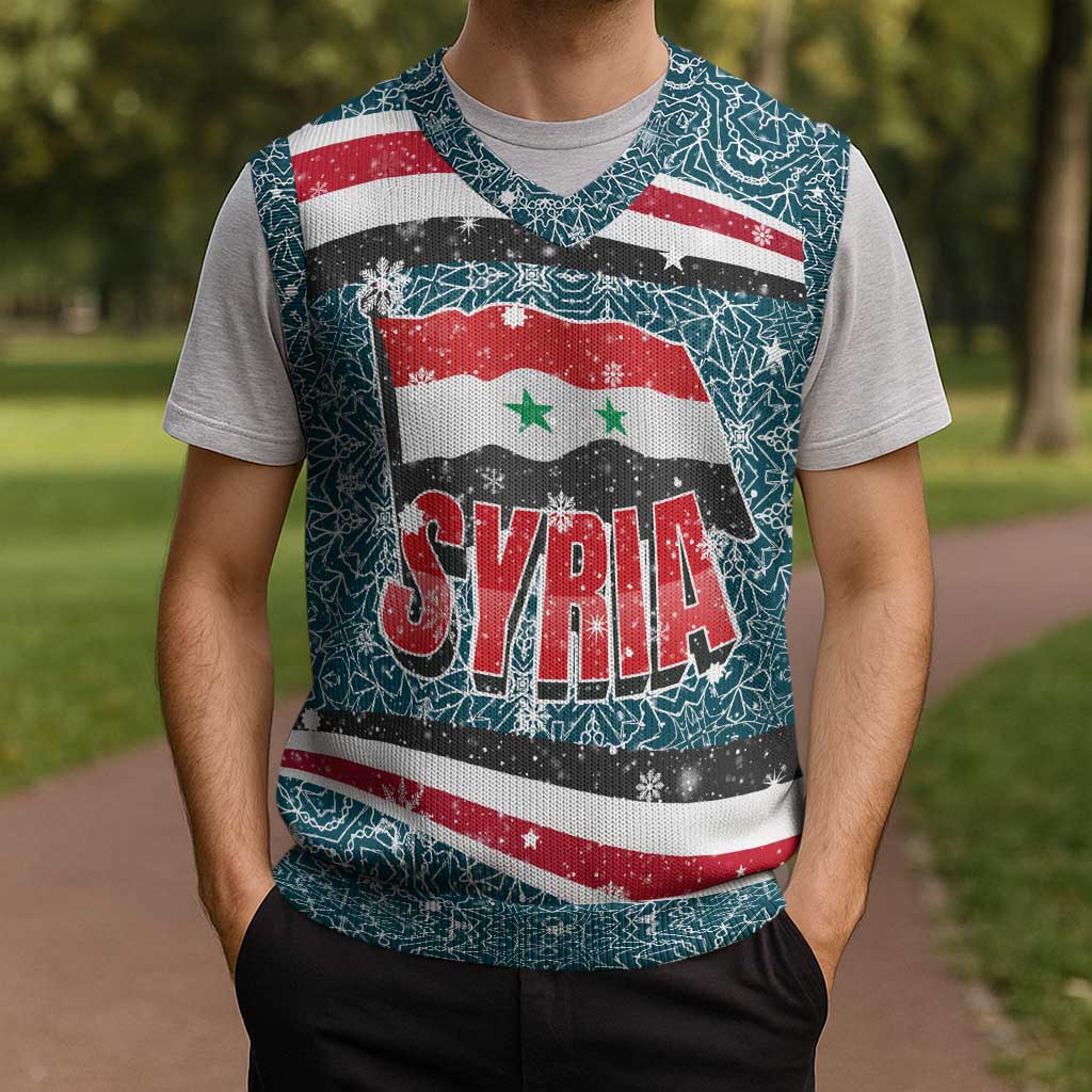 Syria Christmas Knitted V-Neck Vest with National Flag Motif, Coat of Arms Eagle, and Festive Snowflake Pattern - Wonder Print Shop