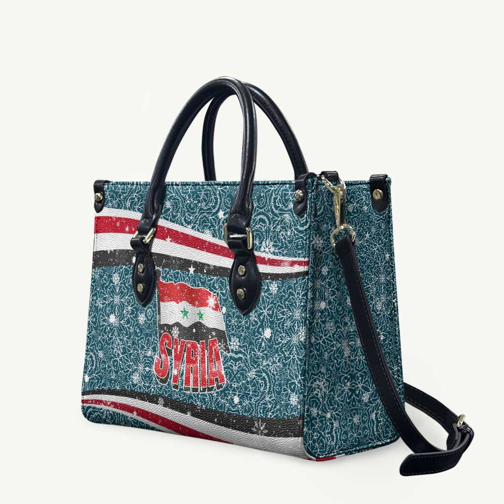 Syria Christmas Leather Bag with National Flag Motif, Coat of Arms Eagle, and Festive Snowflake Pattern - Wonder Print Shop