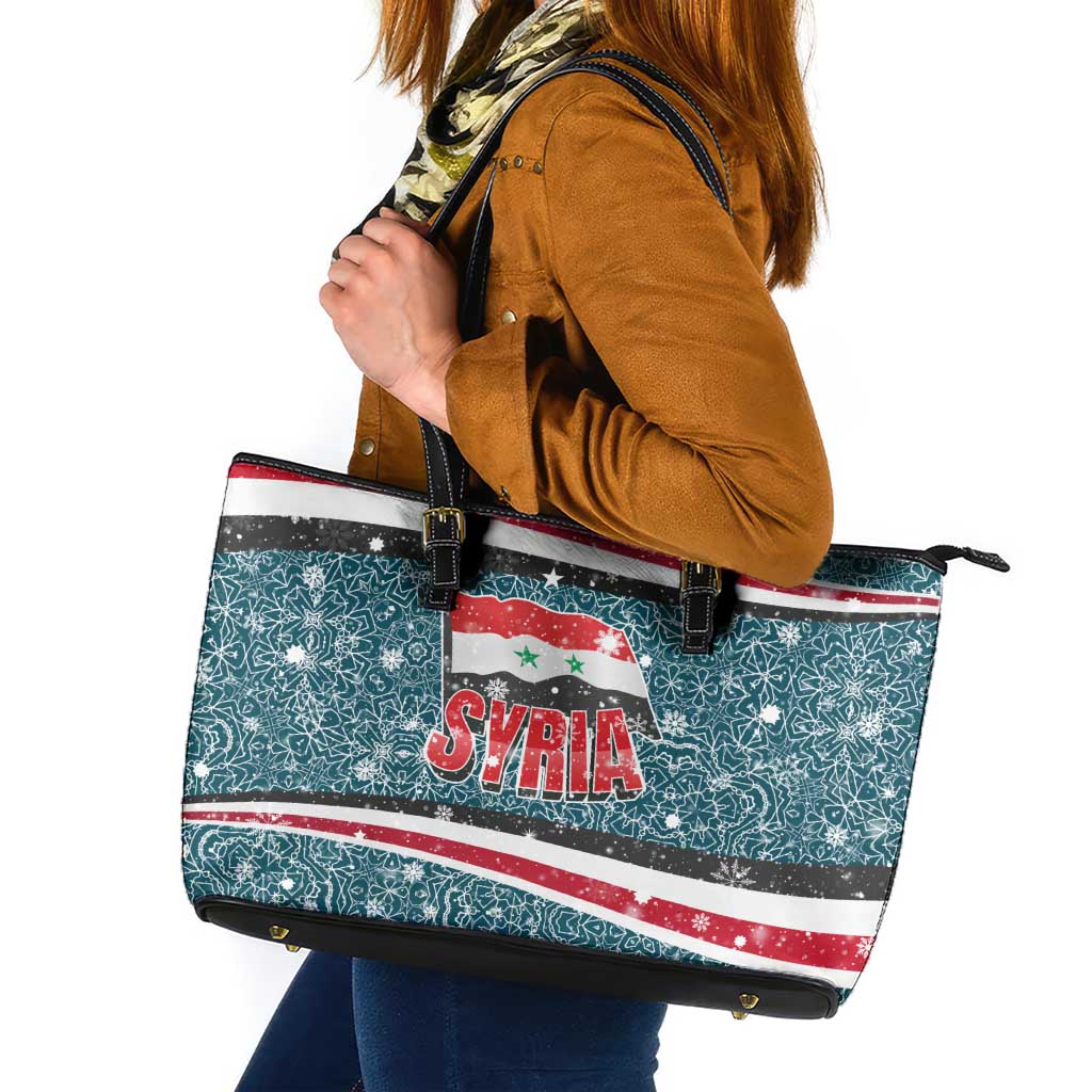 Syria Christmas Leather Tote Bag with National Flag Motif, Coat of Arms Eagle, and Festive Snowflake Pattern - Wonder Print Shop