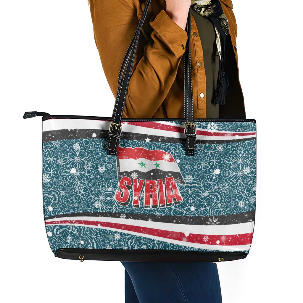 Syria Christmas Leather Tote Bag with National Flag Motif, Coat of Arms Eagle, and Festive Snowflake Pattern - Wonder Print Shop