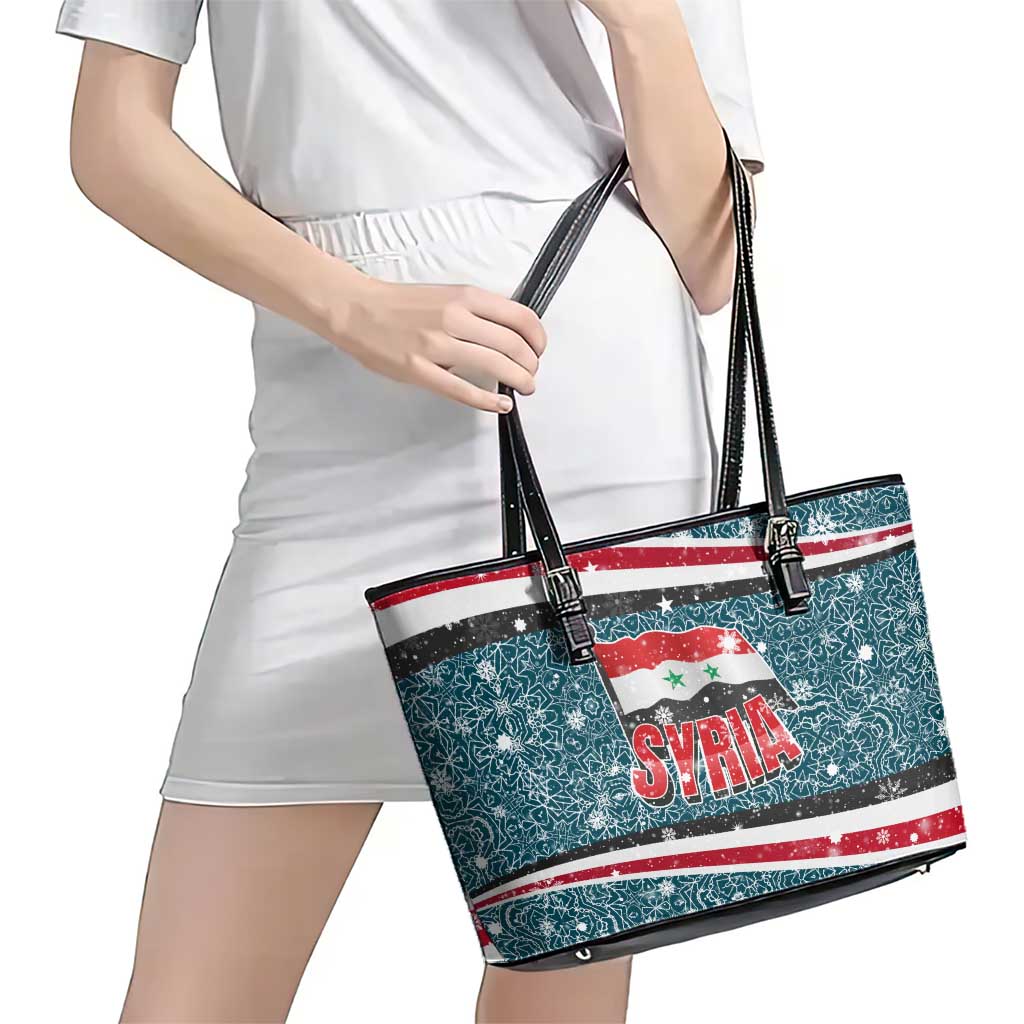 Syria Christmas Leather Tote Bag with National Flag Motif, Coat of Arms Eagle, and Festive Snowflake Pattern - Wonder Print Shop