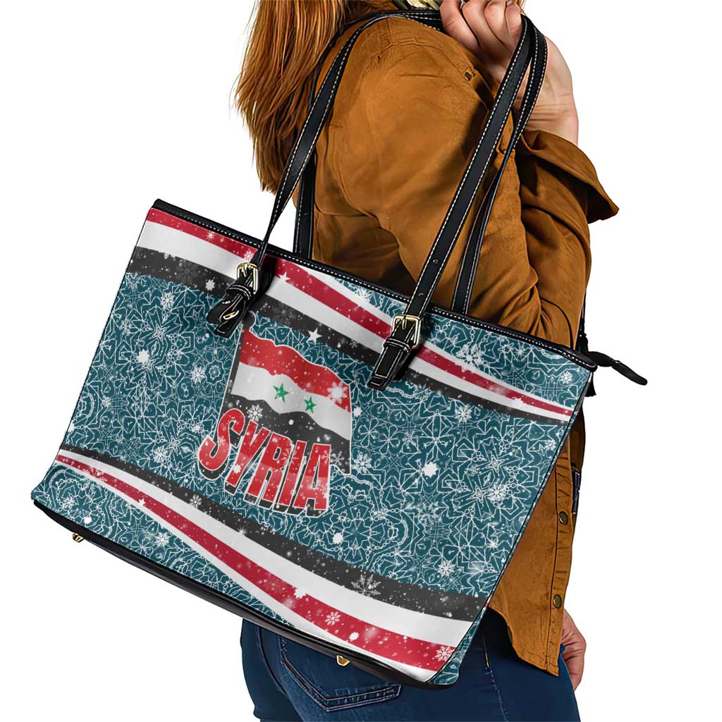 Syria Christmas Leather Tote Bag with National Flag Motif, Coat of Arms Eagle, and Festive Snowflake Pattern - Wonder Print Shop