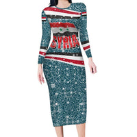 Syria Christmas Long Sleeve Bodycon Dress with National Flag Motif, Coat of Arms Eagle, and Festive Snowflake Pattern - Wonder Print Shop