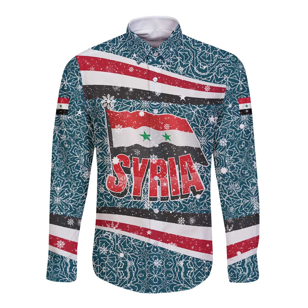 Syria Christmas Long Sleeve Button Shirt with National Flag Motif, Coat of Arms Eagle, and Festive Snowflake Pattern - Wonder Print Shop