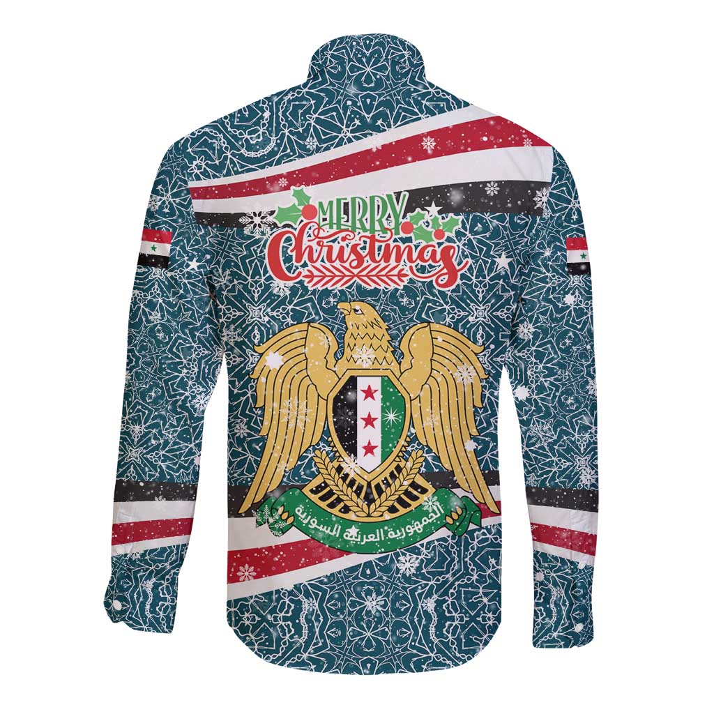 Syria Christmas Long Sleeve Button Shirt with National Flag Motif, Coat of Arms Eagle, and Festive Snowflake Pattern - Wonder Print Shop