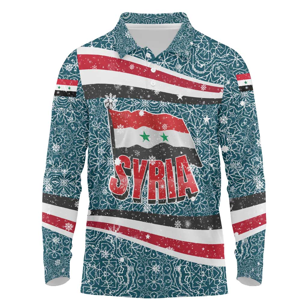 Syria Christmas Long Sleeve Polo Shirt with National Flag Motif, Coat of Arms Eagle, and Festive Snowflake Pattern - Wonder Print Shop