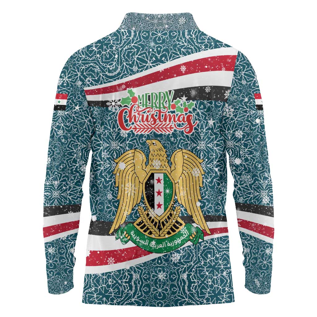 Syria Christmas Long Sleeve Polo Shirt with National Flag Motif, Coat of Arms Eagle, and Festive Snowflake Pattern - Wonder Print Shop