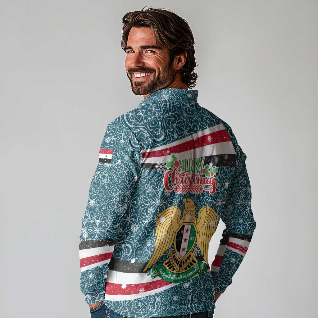 Syria Christmas Long Sleeve Polo Shirt with National Flag Motif, Coat of Arms Eagle, and Festive Snowflake Pattern - Wonder Print Shop