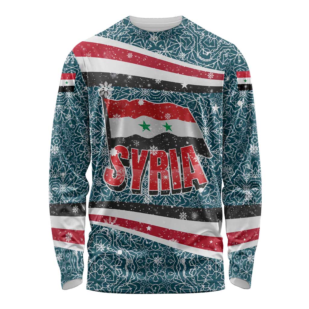Syria Christmas Long Sleeve Shirt with National Flag Motif, Coat of Arms Eagle, and Festive Snowflake Pattern - Wonder Print Shop