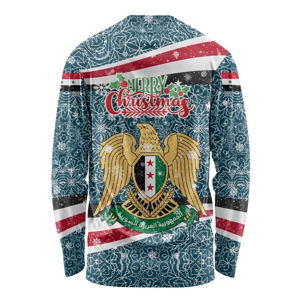 Syria Christmas Long Sleeve Shirt with National Flag Motif, Coat of Arms Eagle, and Festive Snowflake Pattern - Wonder Print Shop
