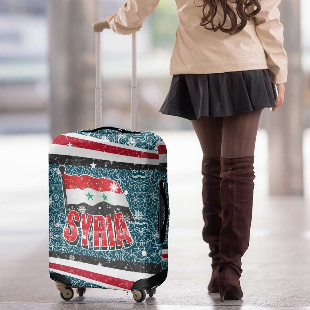 Syria Christmas Luggage Cover with National Flag Motif, Coat of Arms Eagle, and Festive Snowflake Pattern - Wonder Print Shop