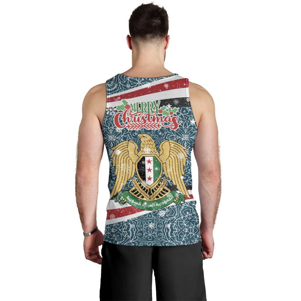 Syria Christmas Men Tank Top with National Flag Motif, Coat of Arms Eagle, and Festive Snowflake Pattern - Wonder Print Shop