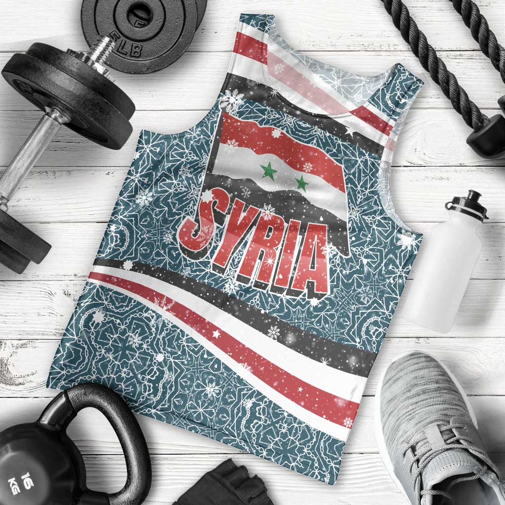 Syria Christmas Men Tank Top with National Flag Motif, Coat of Arms Eagle, and Festive Snowflake Pattern - Wonder Print Shop