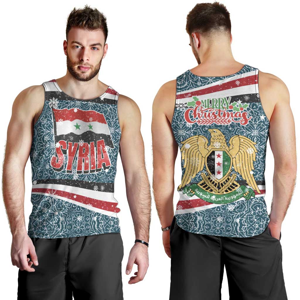 Syria Christmas Men Tank Top with National Flag Motif, Coat of Arms Eagle, and Festive Snowflake Pattern - Wonder Print Shop