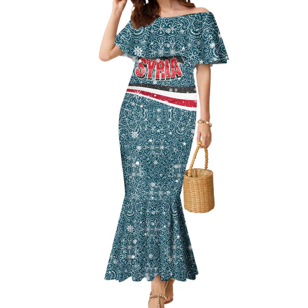 Syria Christmas Mermaid Dress with National Flag Motif, Coat of Arms Eagle, and Festive Snowflake Pattern - Wonder Print Shop