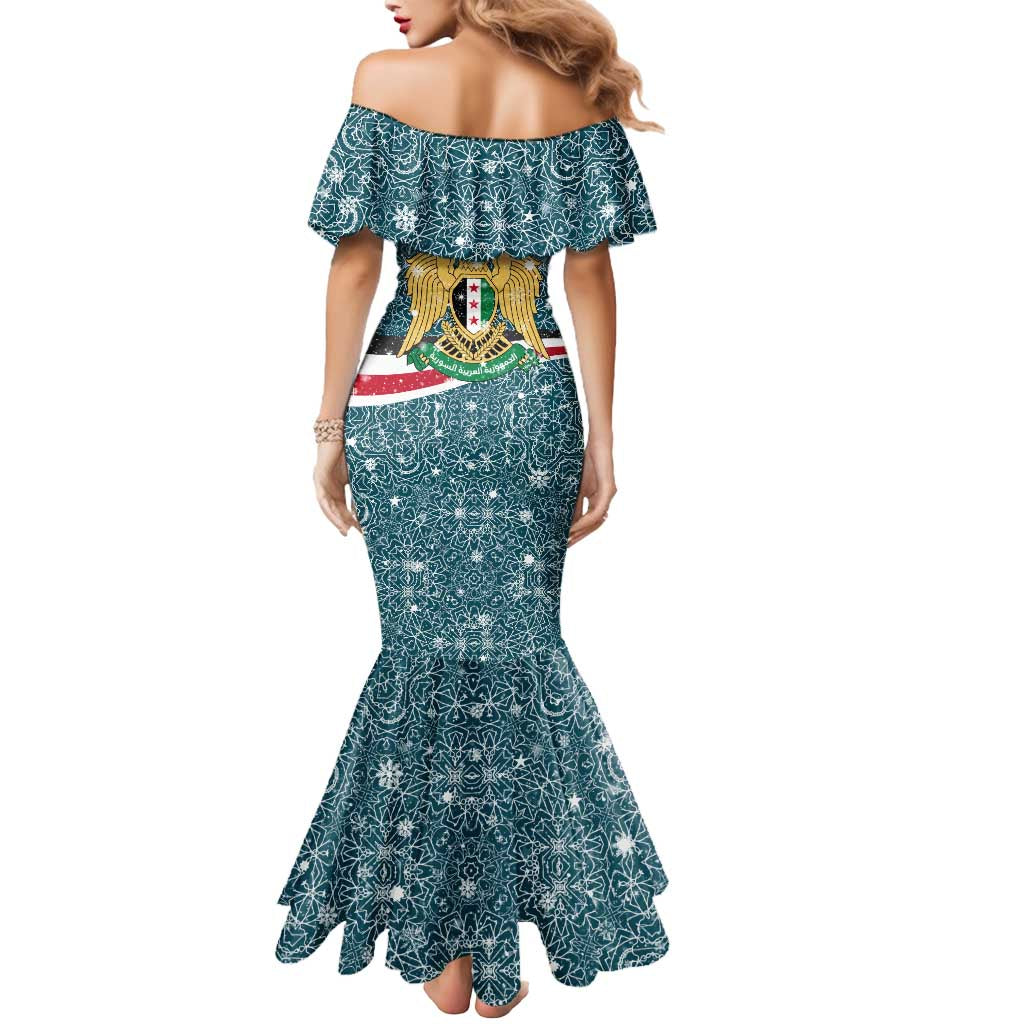 Syria Christmas Mermaid Dress with National Flag Motif, Coat of Arms Eagle, and Festive Snowflake Pattern - Wonder Print Shop