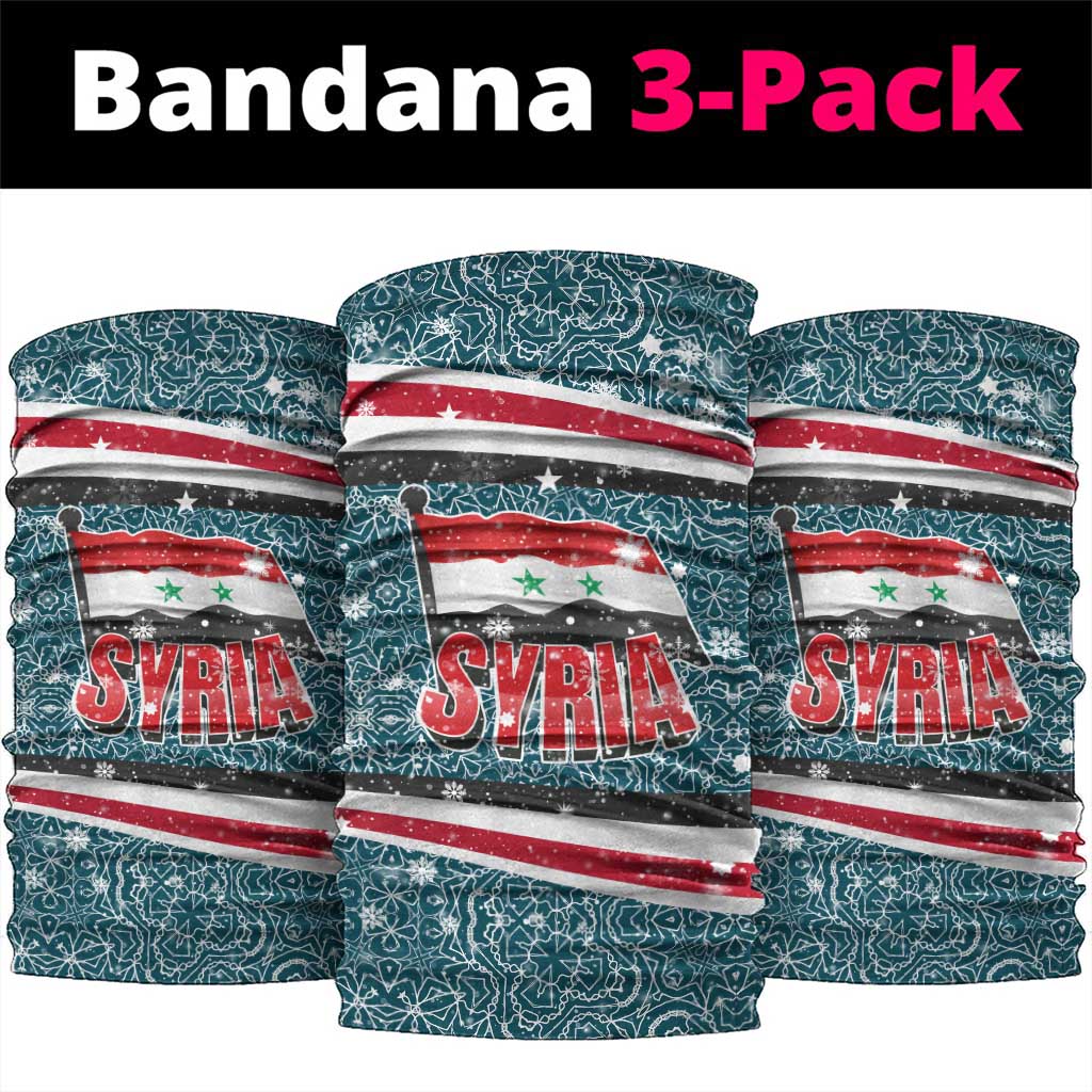 Syria Christmas Neck Gaiter with National Flag Motif, Coat of Arms Eagle, and Festive Snowflake Pattern - Wonder Print Shop