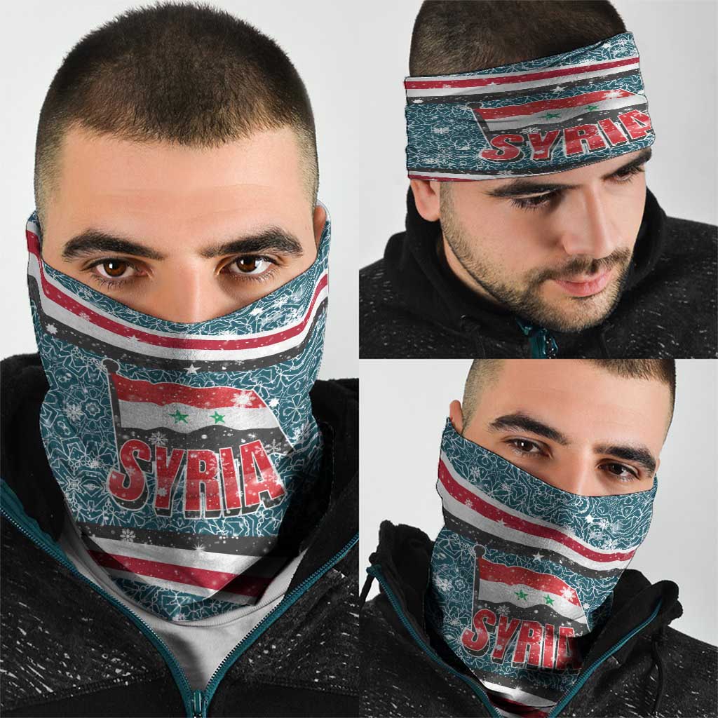 Syria Christmas Neck Gaiter with National Flag Motif, Coat of Arms Eagle, and Festive Snowflake Pattern - Wonder Print Shop