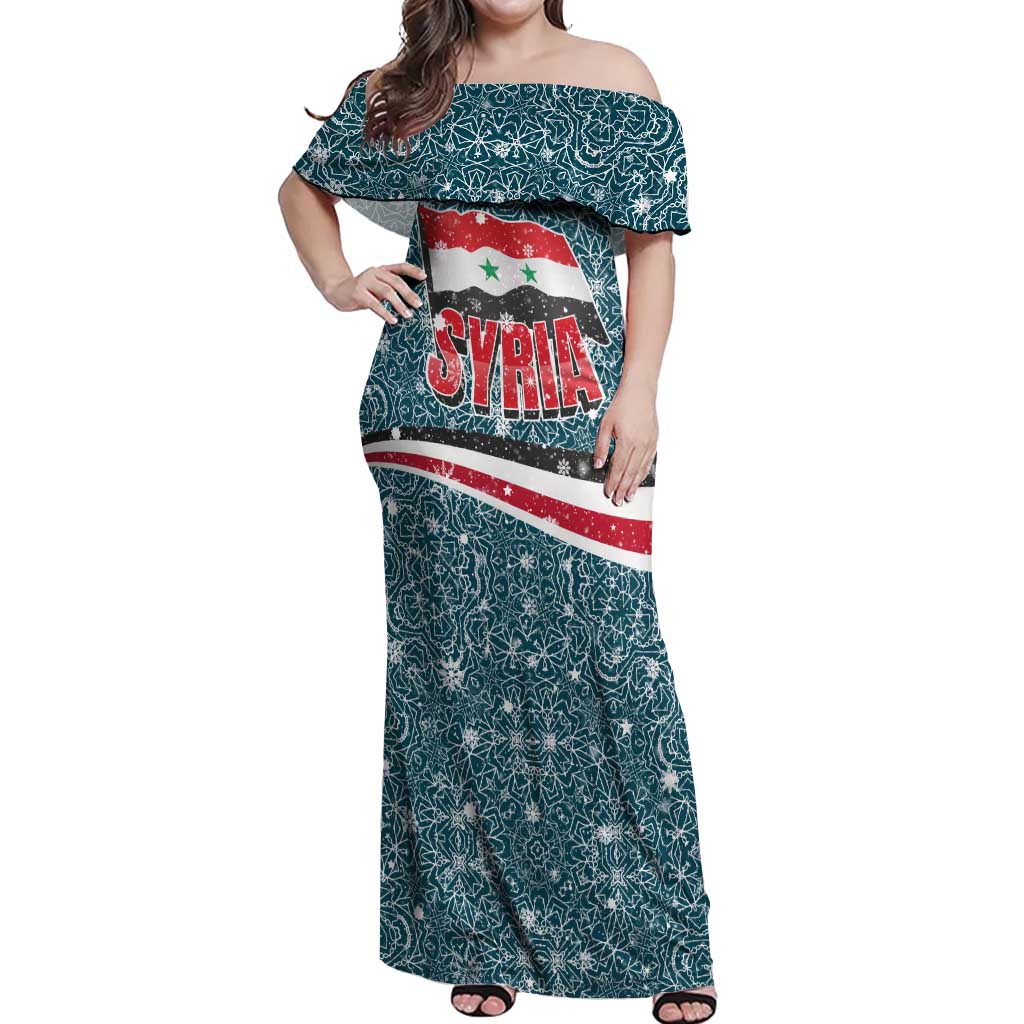Syria Christmas Off Shoulder Maxi Dress with National Flag Motif, Coat of Arms Eagle, and Festive Snowflake Pattern - Wonder Print Shop