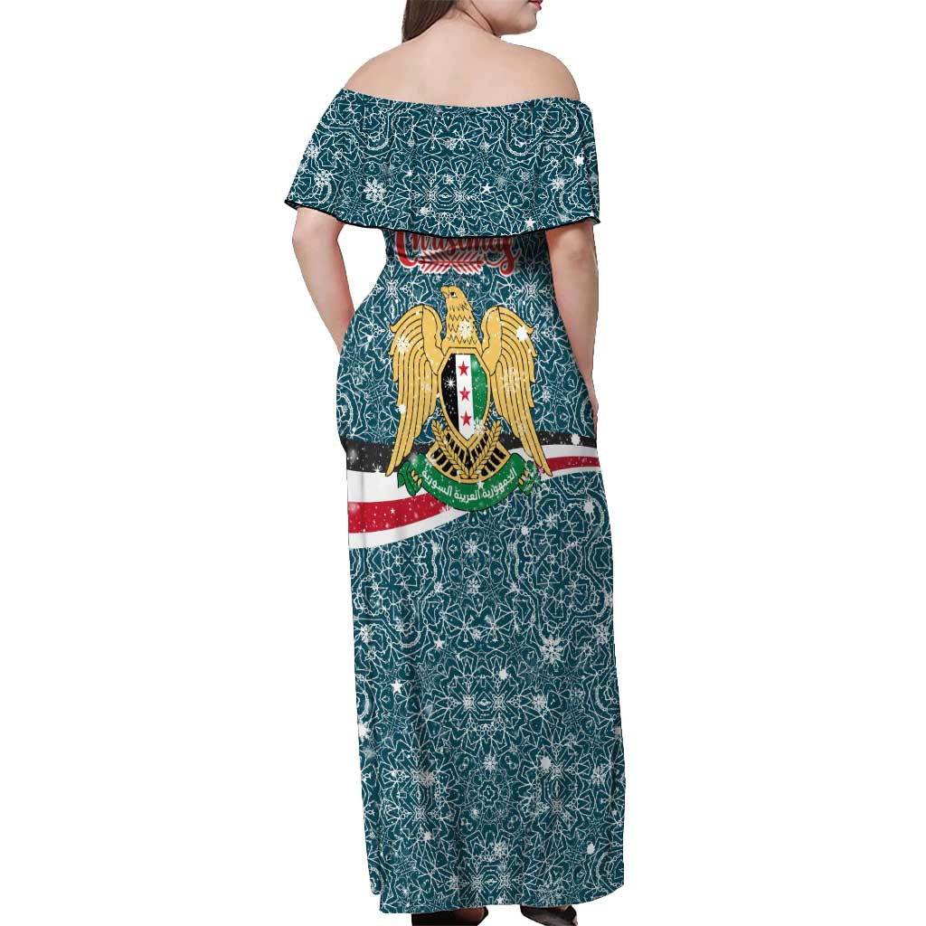 Syria Christmas Off Shoulder Maxi Dress with National Flag Motif, Coat of Arms Eagle, and Festive Snowflake Pattern - Wonder Print Shop