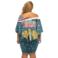 Syria Christmas Off Shoulder Short Dress with National Flag Motif, Coat of Arms Eagle, and Festive Snowflake Pattern - Wonder Print Shop