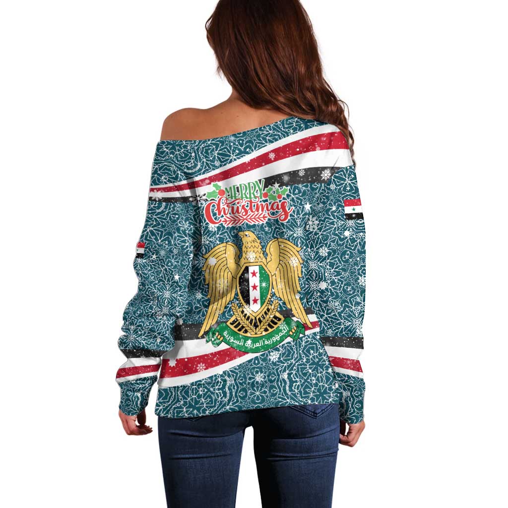 Syria Christmas Off Shoulder Sweater with National Flag Motif, Coat of Arms Eagle, and Festive Snowflake Pattern - Wonder Print Shop