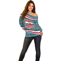 Syria Christmas Off Shoulder Sweater with National Flag Motif, Coat of Arms Eagle, and Festive Snowflake Pattern - Wonder Print Shop