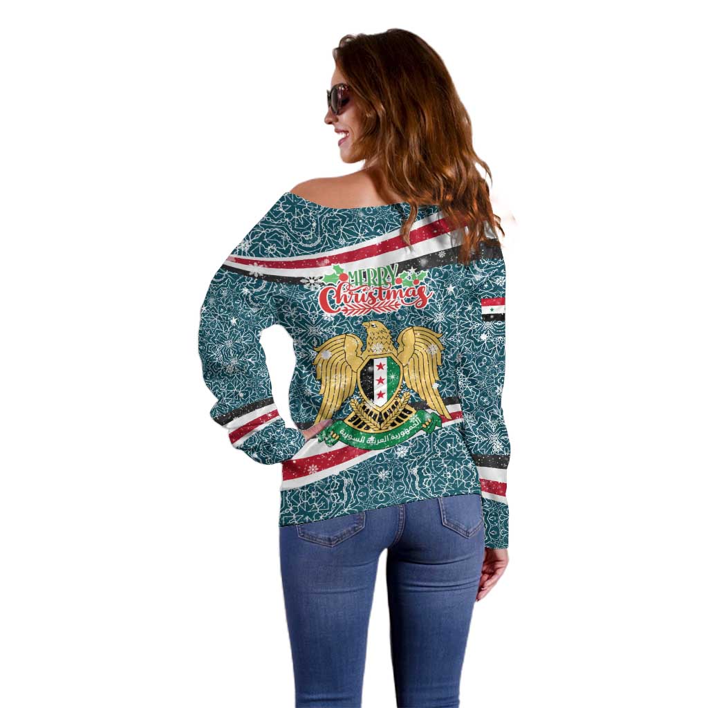 Syria Christmas Off Shoulder Sweater with National Flag Motif, Coat of Arms Eagle, and Festive Snowflake Pattern - Wonder Print Shop