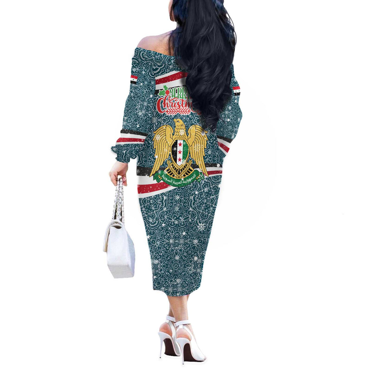 Syria Christmas Off The Shoulder Long Sleeve Dress with National Flag Motif, Coat of Arms Eagle, and Festive Snowflake Pattern - Wonder Print Shop