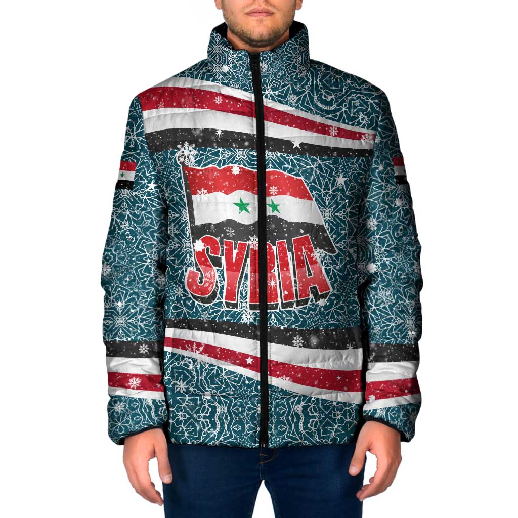 Syria Christmas Padded Jacket with National Flag Motif, Coat of Arms Eagle, and Festive Snowflake Pattern - Wonder Print Shop