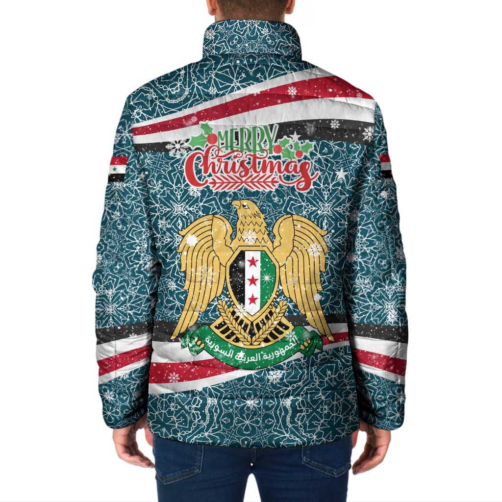 Syria Christmas Padded Jacket with National Flag Motif, Coat of Arms Eagle, and Festive Snowflake Pattern - Wonder Print Shop