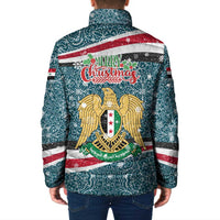Syria Christmas Padded Jacket with National Flag Motif, Coat of Arms Eagle, and Festive Snowflake Pattern - Wonder Print Shop