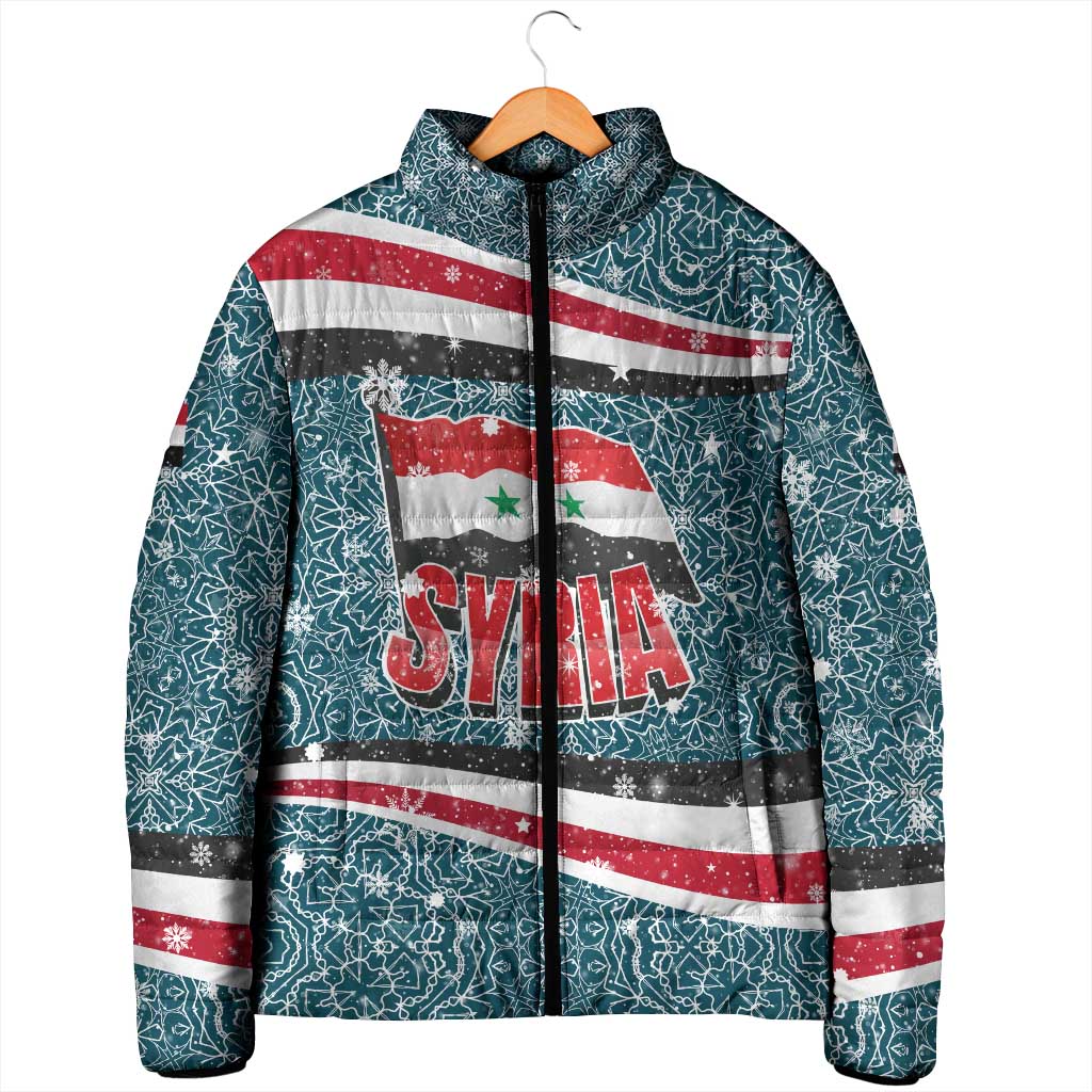 Syria Christmas Padded Jacket with National Flag Motif, Coat of Arms Eagle, and Festive Snowflake Pattern - Wonder Print Shop
