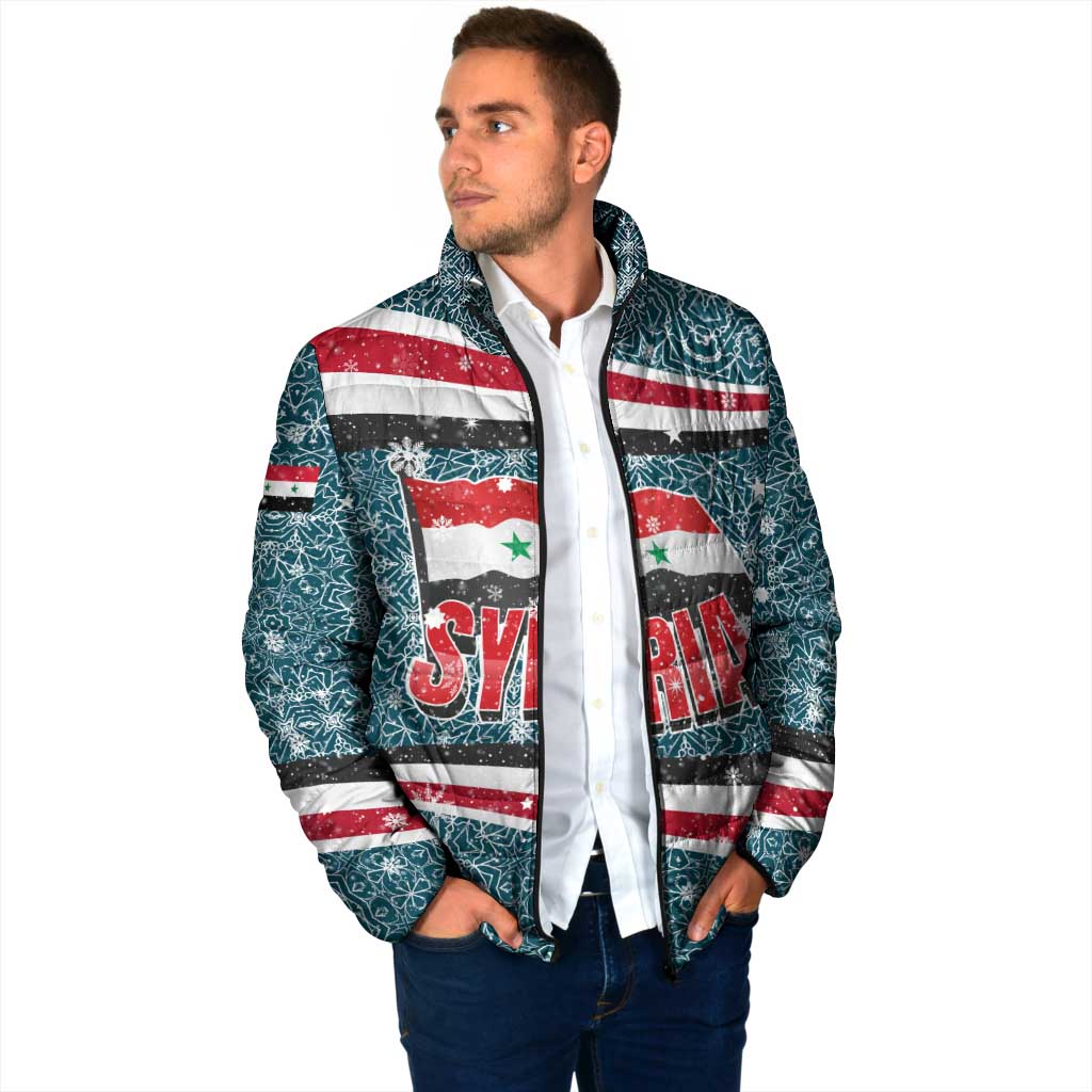 Syria Christmas Padded Jacket with National Flag Motif, Coat of Arms Eagle, and Festive Snowflake Pattern - Wonder Print Shop