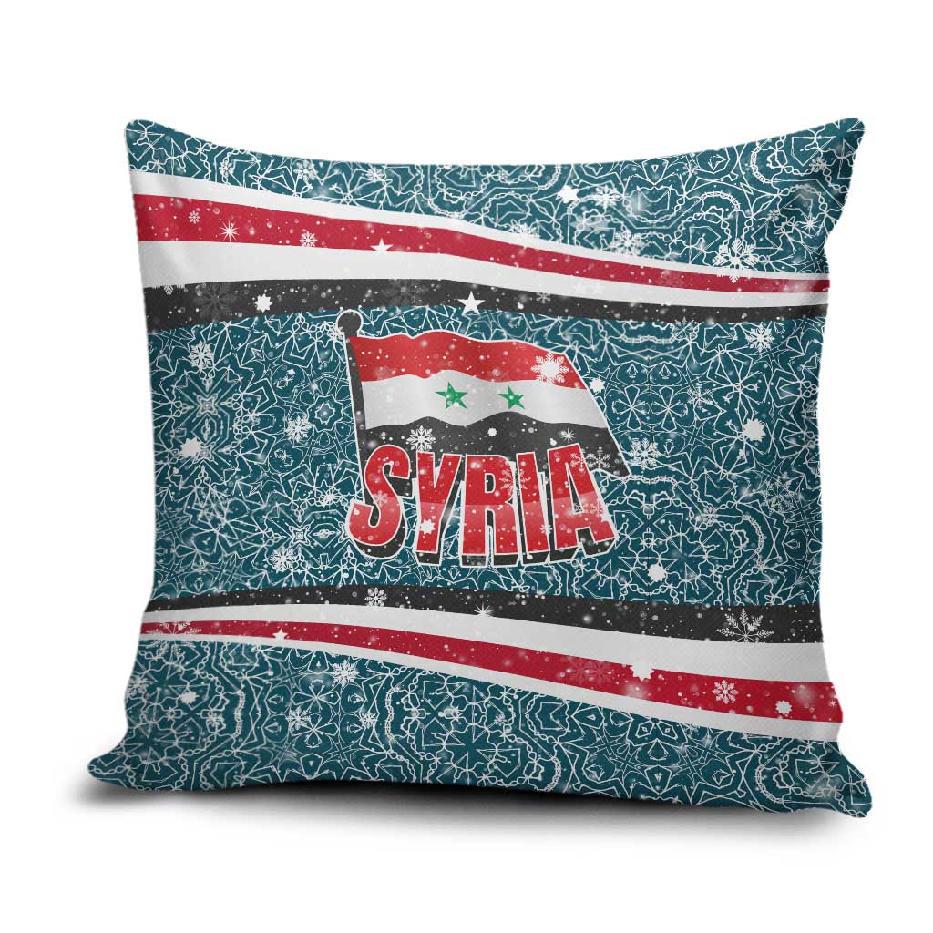 Syria Christmas Pillow Cover with National Flag Motif, Coat of Arms Eagle, and Festive Snowflake Pattern - Wonder Print Shop