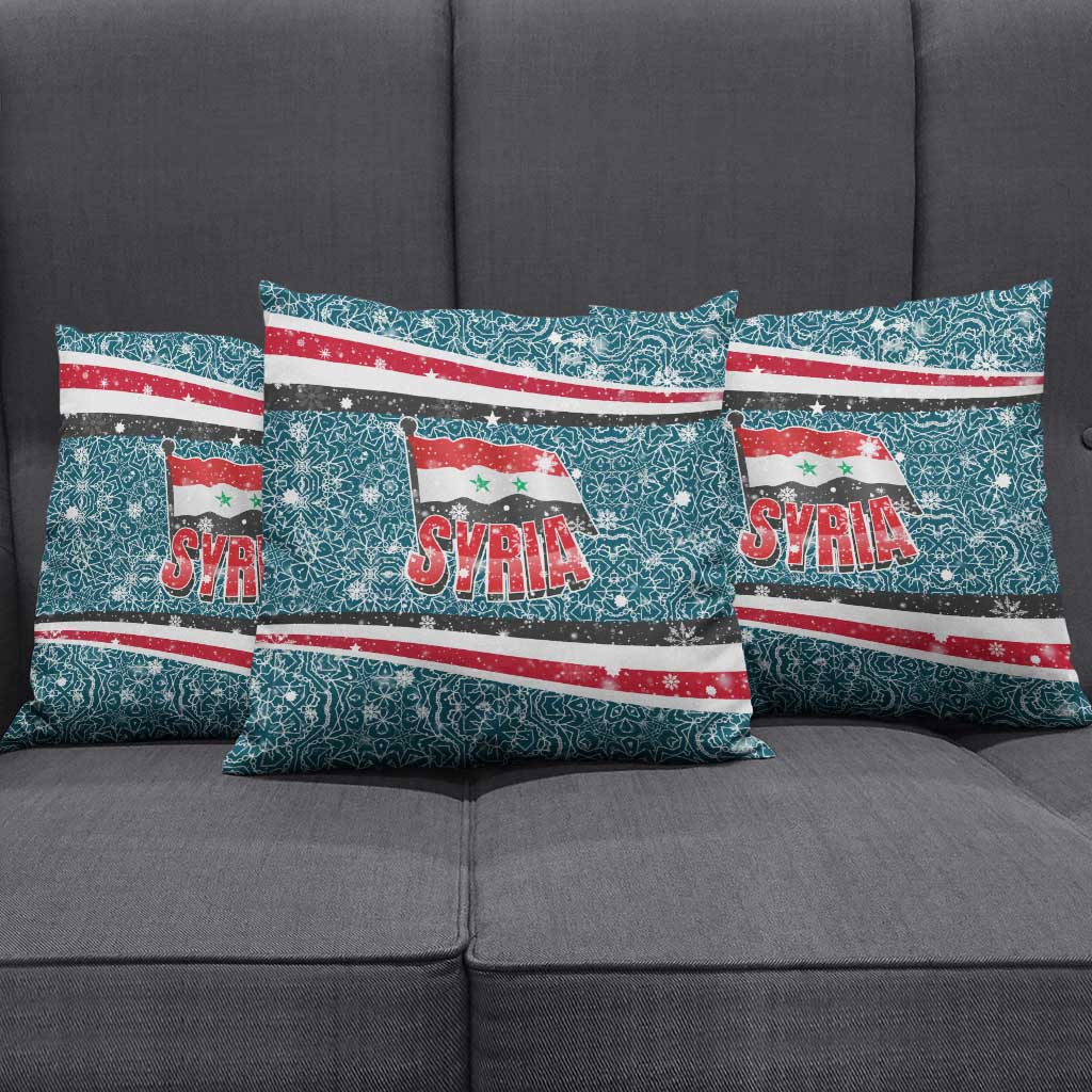 Syria Christmas Pillow Cover with National Flag Motif, Coat of Arms Eagle, and Festive Snowflake Pattern - Wonder Print Shop