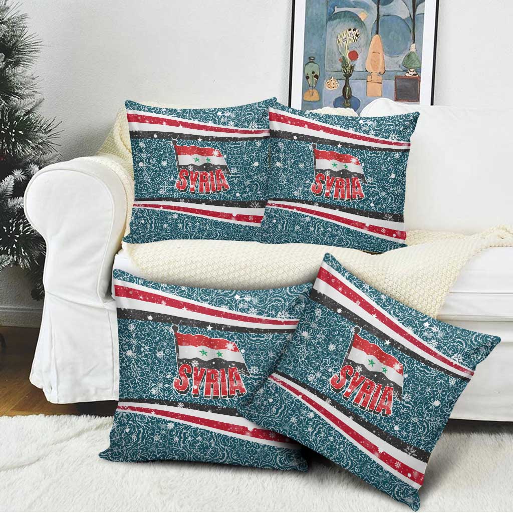 Syria Christmas Pillow Cover with National Flag Motif, Coat of Arms Eagle, and Festive Snowflake Pattern - Wonder Print Shop