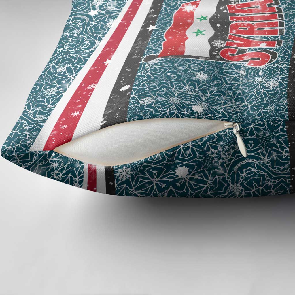 Syria Christmas Pillow Cover with National Flag Motif, Coat of Arms Eagle, and Festive Snowflake Pattern - Wonder Print Shop