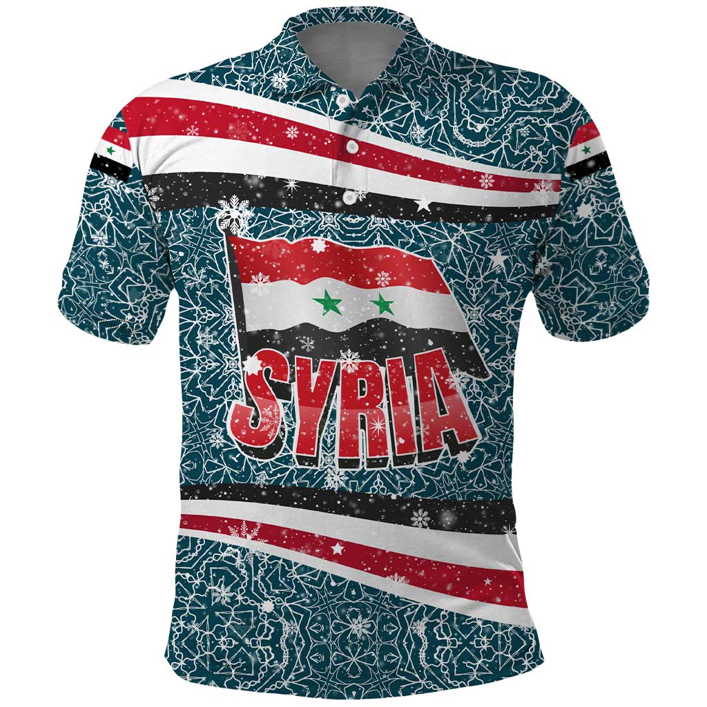 Syria Christmas Polo Shirt with National Flag Motif, Coat of Arms Eagle, and Festive Snowflake Pattern - Wonder Print Shop